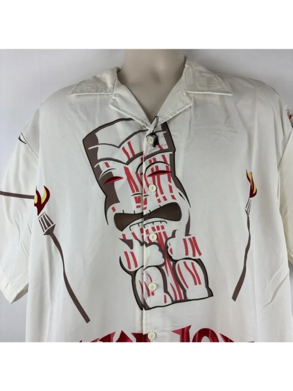 Oscar Misa TIKI JOE’S Mens large button up tiki hut Hawaiian shirt Ivory